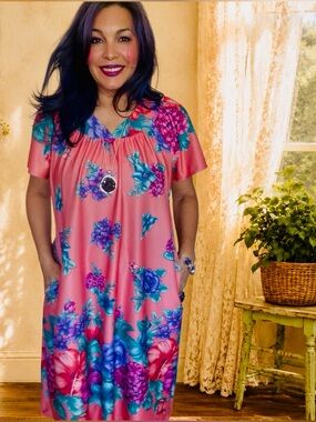 Vintage Anthony Richards Coral Floral House Dress Lounge Caftan M/L